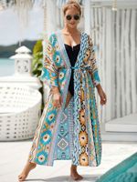 Dames Boheemse kimono met print, open voorkant, lange strandjurk, zomerzwemkleding, strandjurk voor strandvakantie, resortkleding