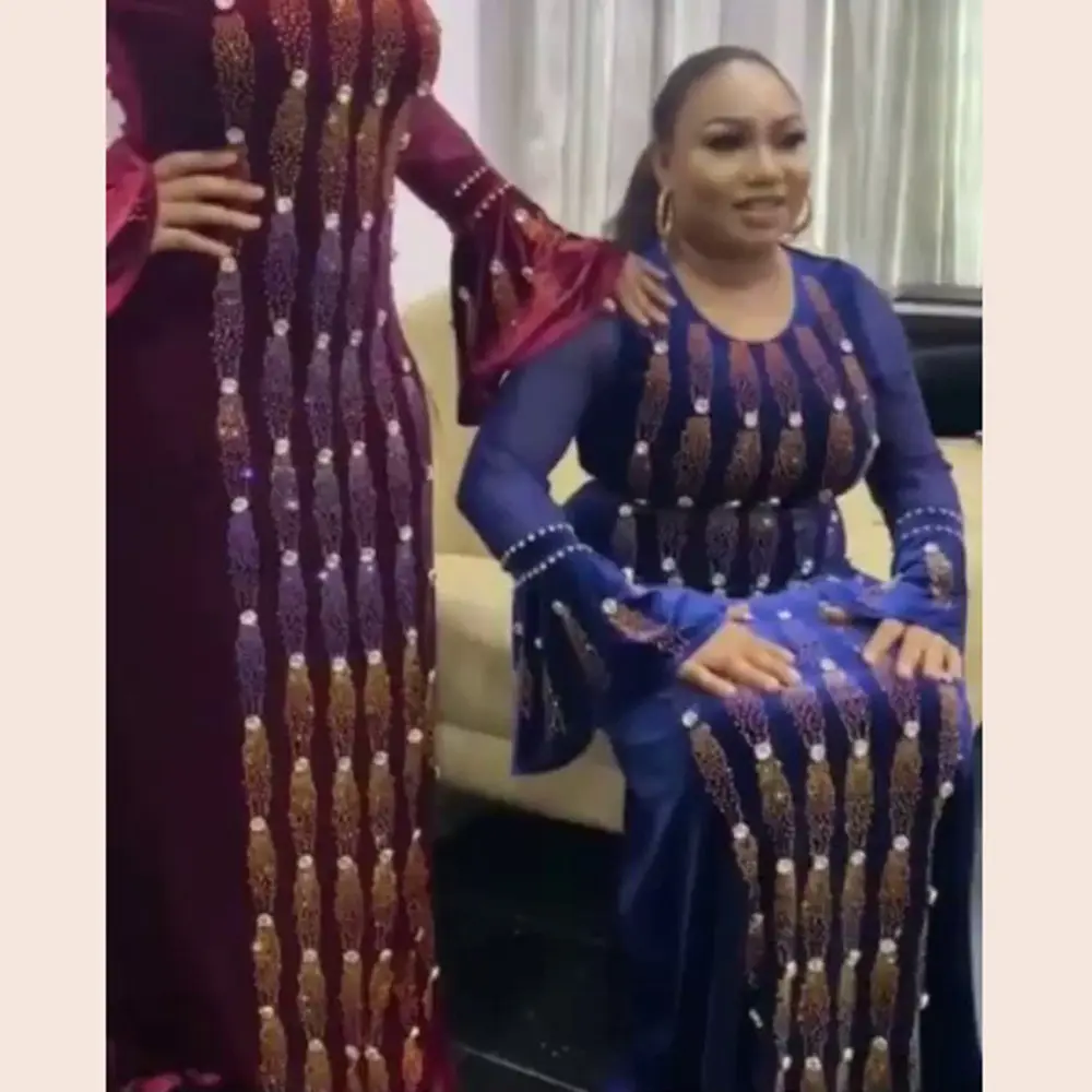 Abaya African Women Schwere Strass Perlen Seide Satin Rundhals ausschnitt Breite Fledermaus Ärmel Turban Kleid Robe