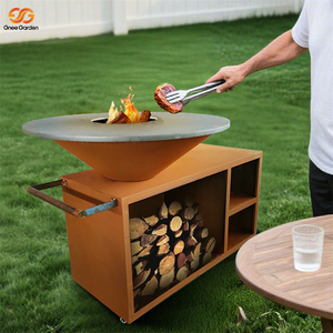 Gnee Garden Corten Steel Fire Pit BBQ Grill with Auto Ignition Folding Design Wood <b>Storage</b> Trolley-Modern Outdoor Cooking - Product Image 1