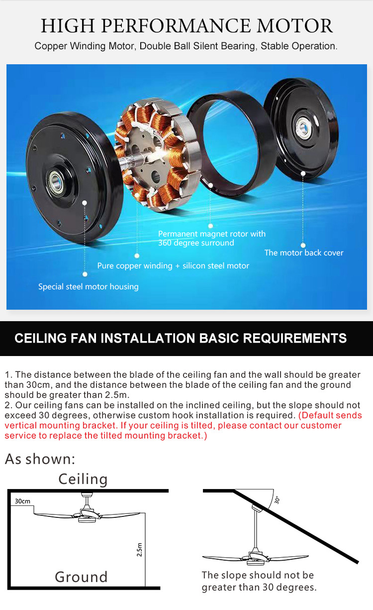 52inch led ceiling fans with light Household remote control Timing shutdown Matte white 3 blades OEM factory Air circulating fan