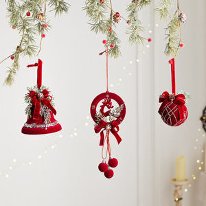 LINGKAI <b>Red</b> Velvet Christmas Hanging Ornament Set Candy Cane Bell Wreath Pendant With <b>Bow</b> for Xmas Tree Holiday Decor - Product Image 2