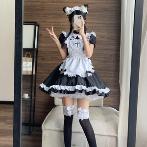 Japanese Style Maid Dress Women Short Sleeve Cosplay Costume Anime Role Play Outfit Black White Polyester Fall 2022 - Product Image 2