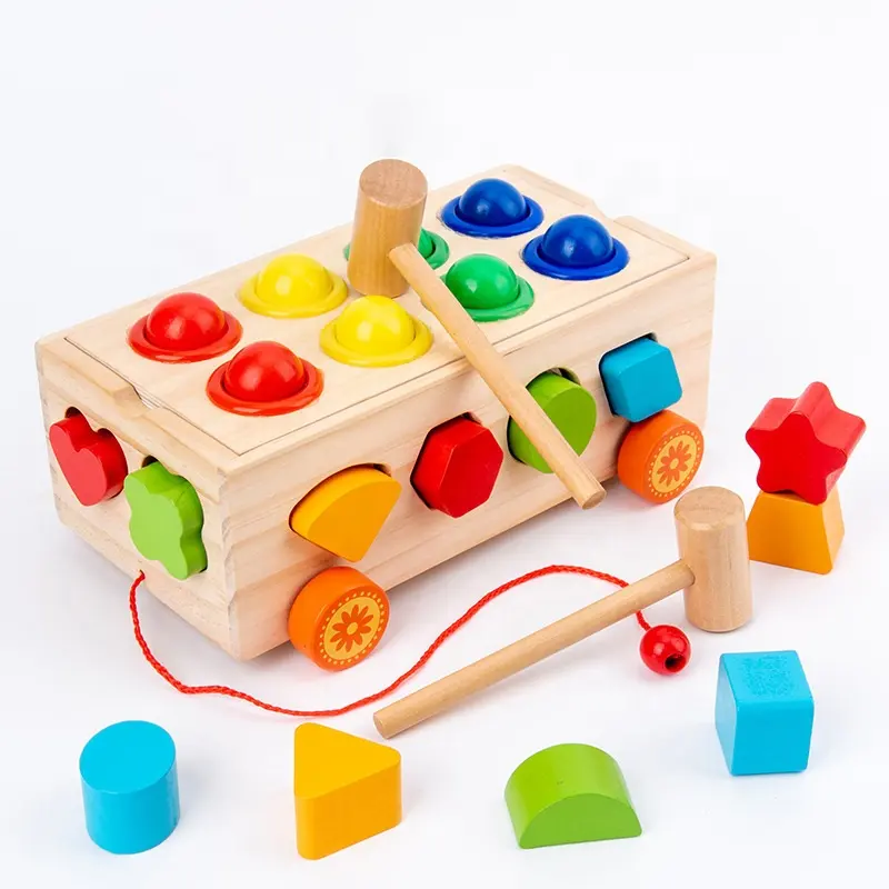 Baby Educational Toys Wooden Building Block Trailer Graphics Geometric Shape Cognitive Puzzle Matching Game