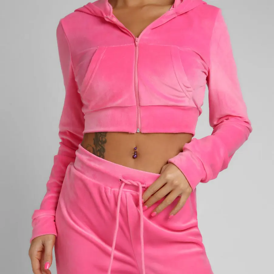 अनुकूलित कपास महिलाओं प्लस आकार कसरत गुलाबी अनियमित लाउंज पहनने सेक्सी सेट फसल शीर्ष हूडि Sweatpants सूट