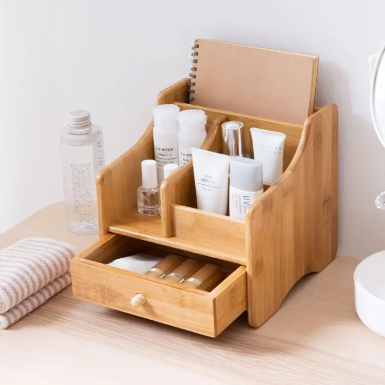 Bamboo Wood Desktop Organizer & Sorter with Storage Drawer wooden cosmetic organizer with drawers