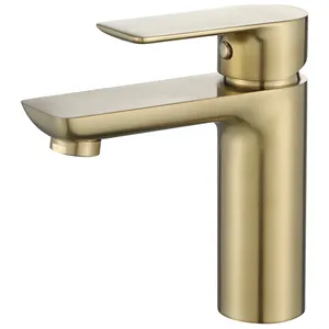 Modern Satu Lubang Deck Mounted Basin Mixer Brushed Gold Finish Tunggal Menangani Air Panas Dingin Kuningan Keran Wastafel