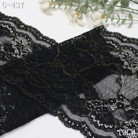 Dentelle extensible noire en spandex doux de 19 cm, tissu de luxe brillant avec fleur et fil doré, bordure en dentelle extensible pour robe et soutien-gorge
