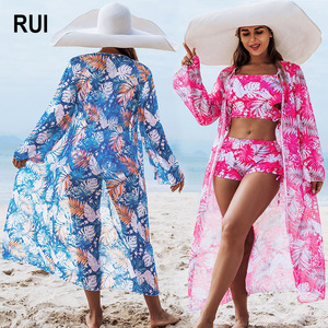 RUIQUWIN - Bikini de 3 Piezas Estampado de Alta Gama para Mujer, Traje de Baño de Verano, Protección Solar, Chaqueta Larga, Traje de Baño para Vacaciones - Product Image 1