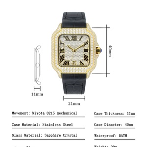 Montre mécanique de luxe demi-sertie de diamants Moissanite VVS, bracelet en cuir noir de haute qualité, automatique, élégante, style Hip Hop - Product Image 6