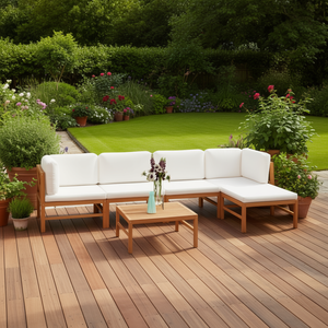 Ensemble de salon de jardin modulaire en teck 6 places, mobilier d'extérieur au design contemporain, coussins crème - Product Image 2