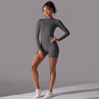 Logo personnalisé combinaison pour femmes avec fermeture éclair à manches longues séchage rapide solide Fitness Sport vêtements actifs entraînement une pièce Yoga combishort
