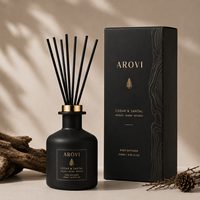 Arovi - Ensemble diffuseur de parfum noir de luxe 250 ml, parfum d'ambiance cèdre et santal, flacon mat avec bouchon doré, coffret cadeau personnalisé et parfum