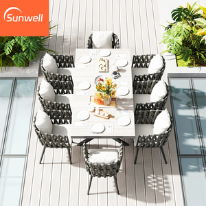 Ensemble de <span class=keywords><strong>table</strong></span> à manger extensible de luxe en <span class=keywords><strong>aluminium</strong></span> avec plateau en HPL et chaises en corde, mobilier contemporain résistant aux intempéries pour villa - Product Image 2