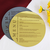 Tarjetas de menú acrílicas de forma redonda de espejo dorado para boda o fiesta con palabras de grabado personalizadas