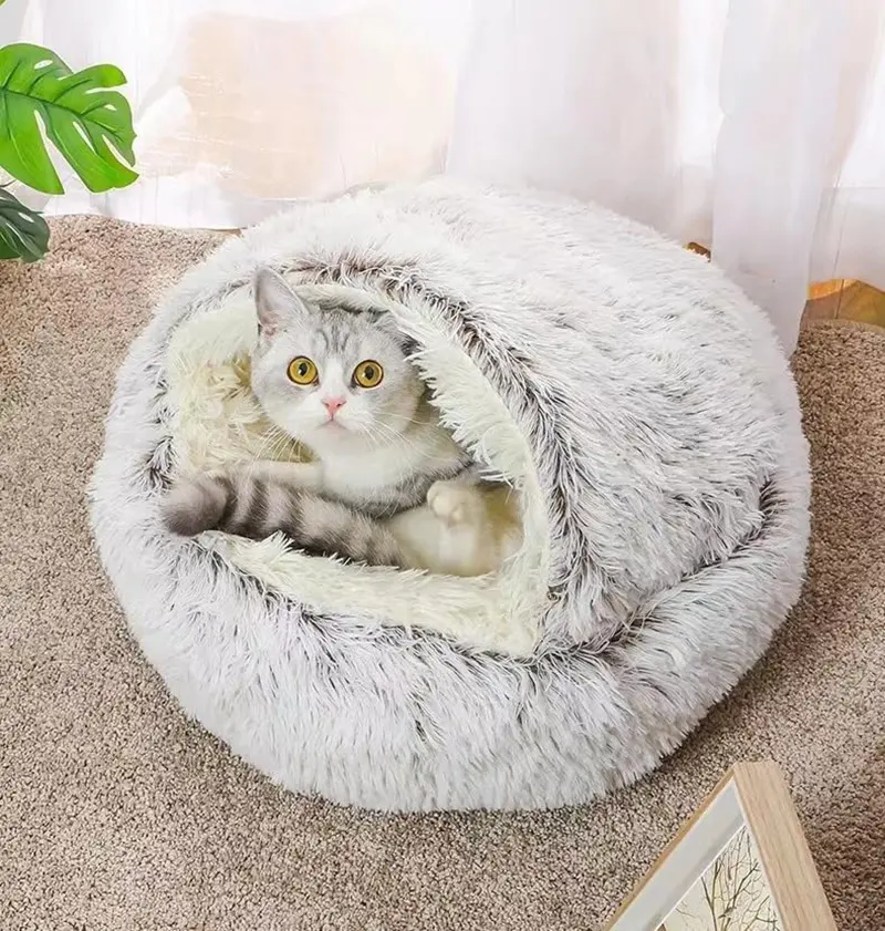 Cama de pelúcia para animais de estimação, almofada redonda de luxo macia para cães e gatos, mobília para animais de estimação