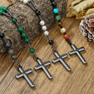 Nuova Tendenza <span class=keywords><strong>Collana</strong></span> <span class=keywords><strong>Rosario</strong></span> <span class=keywords><strong>con</strong></span> Perline in Pietra Naturale 7 Chakra e Ciondolo a Croce, <span class=keywords><strong>Collana</strong></span> Vintage da Uomo Bohemien Multicolore in Ematite - Product Image 1
