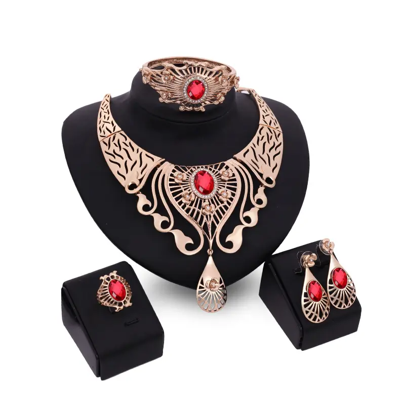 Go Pesta Mewah India Wanita Ruby Oval Berlian Kalung Anting Gelang Cincin 4 Piece Pernikahan Pengantin Perhiasan Set