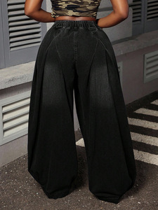 Jeans grande taille amples vintage délavés bleus plissés à jambes larges, jeans évasés taille haute élastiques, pantalons en denim pour femmes grandes tailles - Product Image 5