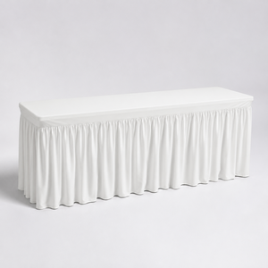 6ft 8ft White Spandex Custom Stretch <b>Table</b> Cover with Gathered Skirt <b>for</b> Hotel Banquet and Linen Rental Project Orders - Product Image 1