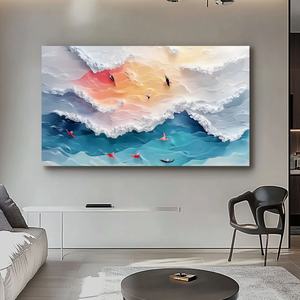 Pintura al Óleo Texturizada Contemporánea, Paisaje Marino Horizontal, Olas Coloridas, Arte Texturizado Minimalista para el Hogar y la Galería - Product Image 3