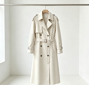 Nuovo Arrivo: Cappotto <span class=keywords><strong>Trench</strong></span> da <span class=keywords><strong>Donna</strong></span> a Doppio Petto, Lungo e Oversize con Cintura, Lunghezza Metà Polpaccio, <span class=keywords><strong>Beige</strong></span> Crema, per Autunno e Inverno - Product Image 1