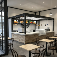 Comptoir de bar à café industriel de luxe léger personnalisé avec cadre en verre, kiosque multifonctionnel pour centre commercial, éclairage LED, facile à nettoyer, toutes tailles