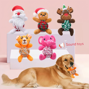 Giáng sinh sang trọng và bông sợi dây thừng con chó đồ chơi Squeaky bền nhai Đồ chơi cắn kháng răng Làm sạch tương tác vật nuôi đồ chơi - Product Image 1