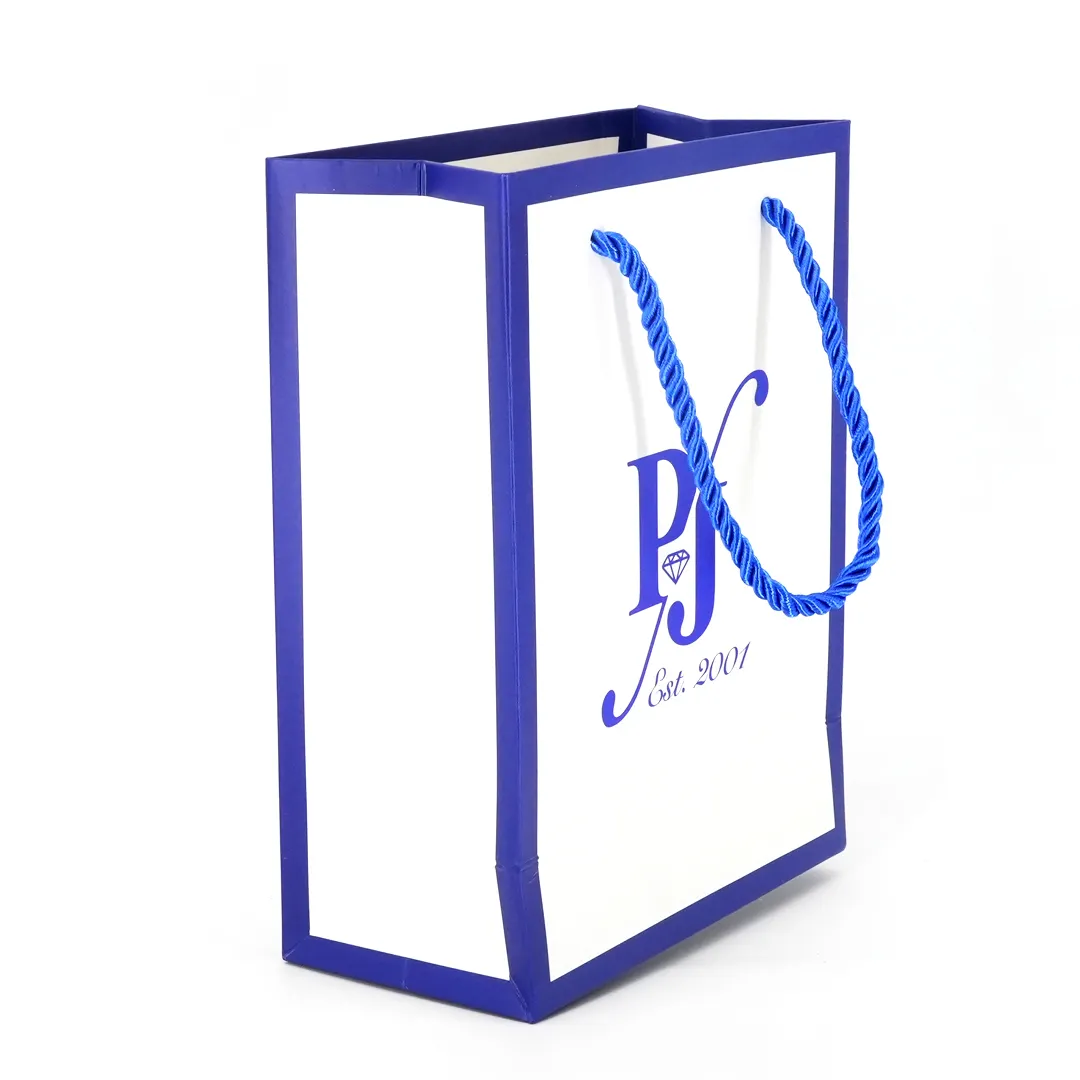 OEM kustom dicetak biru putih tas papan gading dengan cap logo tas belanja mewah dengan pegangan pita untuk perhiasan