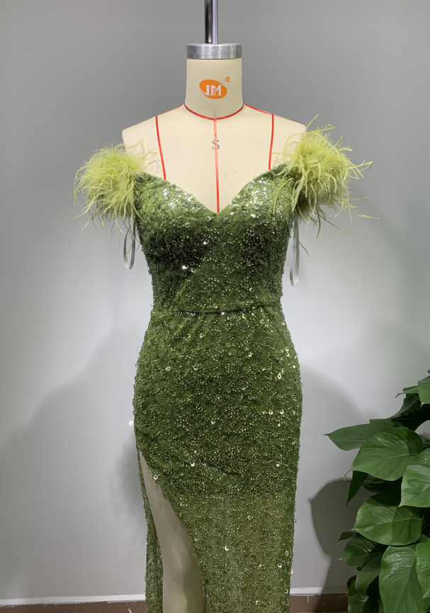 slim fit dress slacks Charming Dark Green V neck Sparkly Sequins Mermaid Prom Dress lpk559