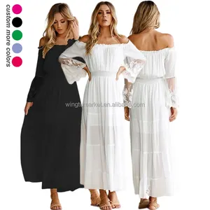 Wholesale casual white black holiday vacation smocked beach boho maxi dress lace dresses women