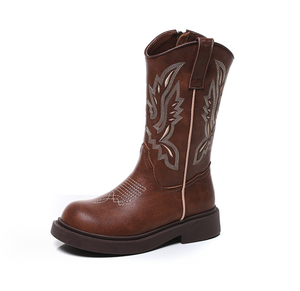 Bottes de cow-boy pour enfants, marron, brodées, rétro, en denim, pour filles, à semelle souple, mi-hautes, en microfibre respirante, antidérapantes - Product Image 1