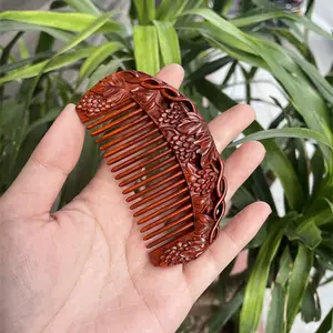 Rhinoceros horn red sandalwood carving peony wooden comb hairdressing straight hair massage comb wedding festival gifts custom