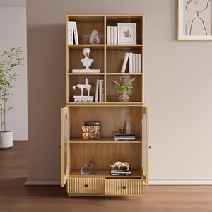 Solid Wood Bookcase Modern Minimalist Style With Glass Doors Storage Cabinet For Living Room Floor Standing - Product Image 4