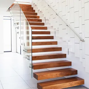 Modernes Design Gerade schwimmende Treppenstufen aus Holz und Geländer aus gehärtetem Glas
