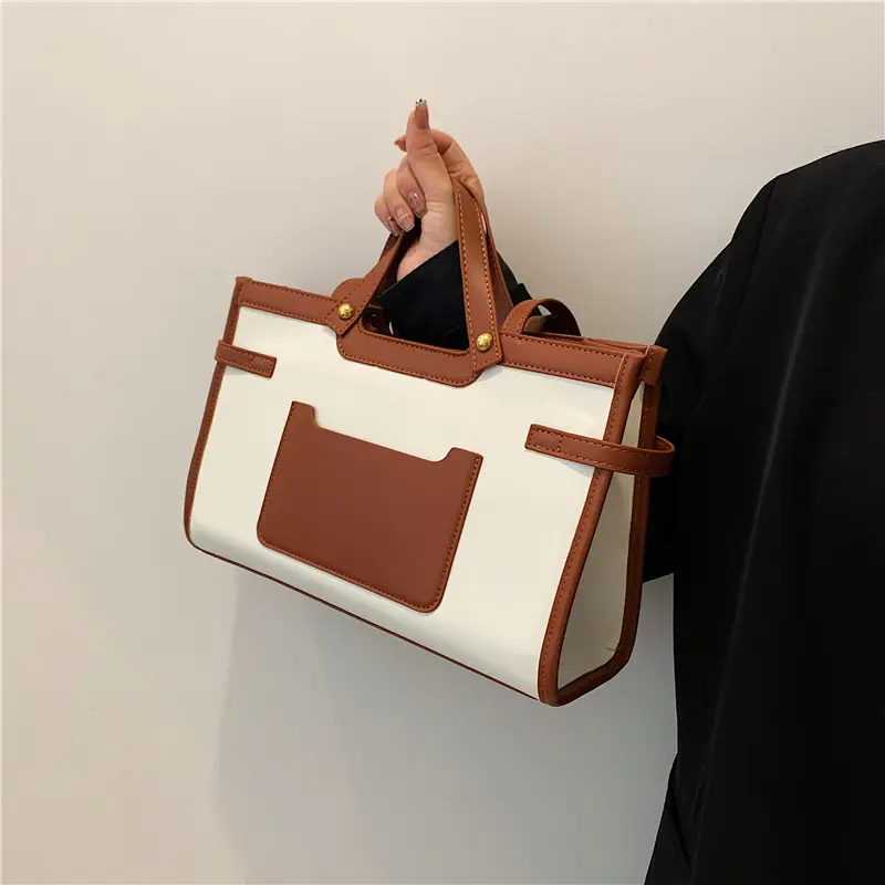 महिलाओं के लिए फैशन कंट्रास्ट कलर हैंडहेल्ड बड़े बैग ब्रीफकेस टोट बैग सिंगल शोल्डर कॉटन लिनन पीयू पॉलिएस्टर ओईएम स्क्वायर
