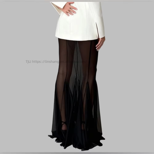 Ensemble 2 pièces pour femmes, haut en satin à manches longues et jupe en maille extensible ample, tendance - Product Image 6