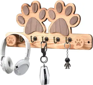 Wall Decor Wood Key Holder Wall Mount Key Hanger with 5 Brass Key Hooks 2 Dog Paw Leash Holders