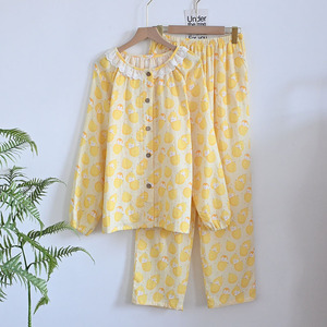 Conjunto de Ropa de Casa de Algodón Puro para las Cuatro Estaciones, Cuello Redondo, con Encaje, Antibacteriano, Manga Larga, Pantalones Largos, Estilo Juvenil - Product Image 1