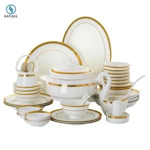 Savall HoReCa OEM Luxury Royal Gold Rimmed porcelain Dinnerware set tableware sets OEM porcelain dinner set hotel restaurant