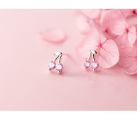 Schattige S925 zilveren roze zirkoon kersen oorhangers 925 sterling zilver dubbele kersen oorhangers