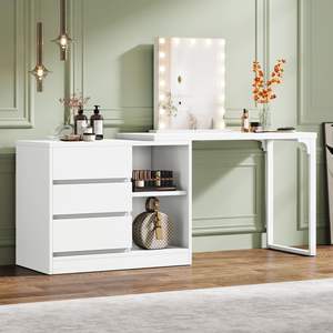 <span class=keywords><strong>Mesa</strong></span> de Maquillaje Moderna de Esquina con 3 Cajones y 2 Estantes, Escritorio Compacto Blanco con Organizador Reversible - Product Image 2