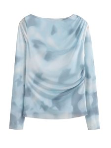 Top <span class=keywords><strong>in</strong></span> <span class=keywords><strong>Tulle</strong></span> stampato alla moda da donna primavera autunno camicia a rete pieghettata Casual a maniche lunghe - Product Image 6