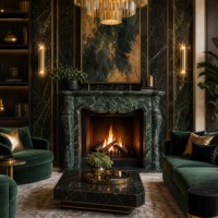 Cheminée en marbre sur mesure, moderne, sculptée à la main, luxe, en marbre Verde Alpi, avec manteau de cheminée en marbre