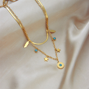 European American Retro Layered Double Chain <b>Blue</b> Turquoise Pendant Star <b>Feather</b> Necklace Gold Zinc Alloy Geometric Design - Product Image 2
