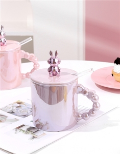 Mug en céramique Nordic Violent Rabbit 14oz pour petit-déjeuner, lait et café, avec couvercle mignon et paille en verre - Product Image 3