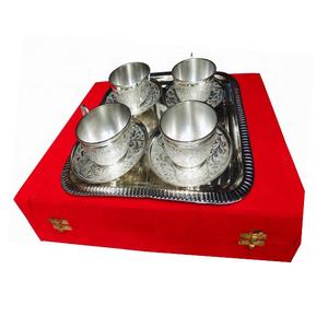 Ensemble de tasses et sous-tasses en laiton plaqué argent, avec plateau rectangulaire, pour hôtel et cadeaux - Product Image 2