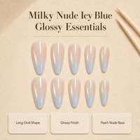 K725 Kaixin Ongles à presser Ombré Bleu Glacé, Bleu Intérieur, French, Forme Ovale Longue, Nail Art