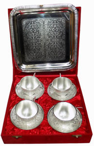 Ensemble de tasses et sous-tasses en laiton plaqué argent, avec plateau rectangulaire, pour hôtel et cadeaux - Product Image 3