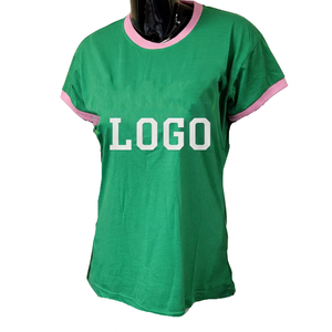 Camiseta Casual de Manga Corta con Cuello Redondo y Ribete Rosa Verde para Mujer, con Logotipo, Corte Regular, 100% Algodón Transpirable - Product Image 1