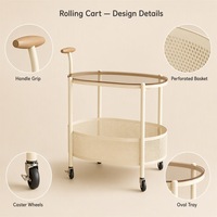Table d'appoint roulante avec plateau en verre et cadre métallique, 2 niveaux, panier perforé pour salon, chambre et usage domestique